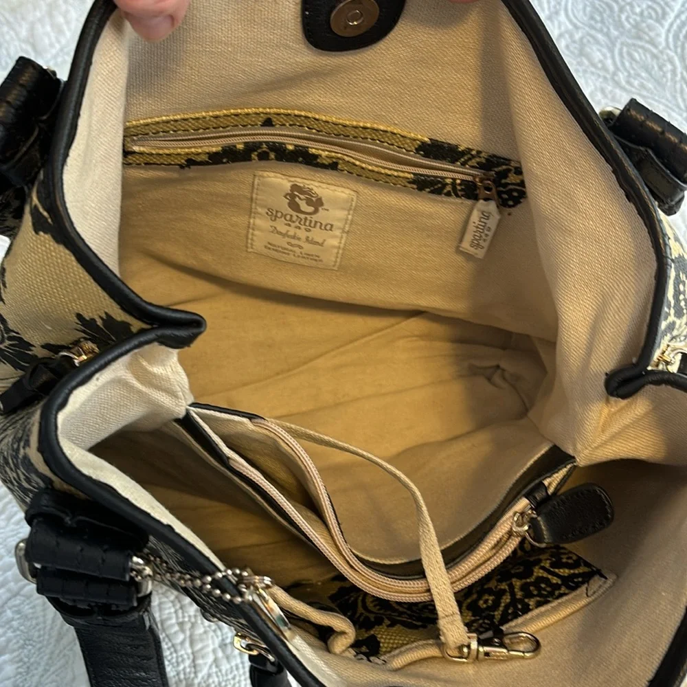Spartina 449 Tan Linen & Black Leather Shoulder Hobo Bag